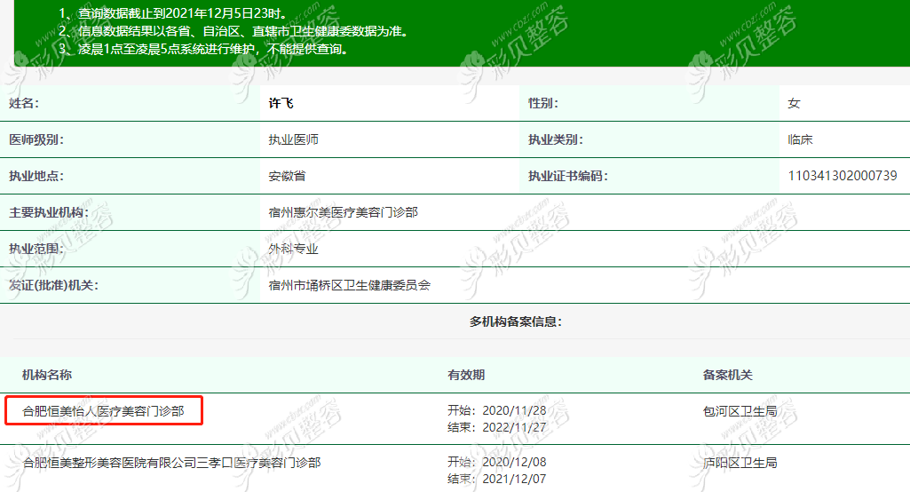 合肥恒美怡人整形許飛醫(yī)生資質(zhì)證明